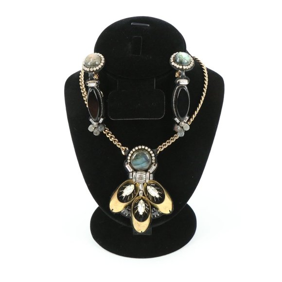 Ranjana Khan Labradorite Necklace Gold Tone Chain Clip On Earring Set - Picture 1 of 8